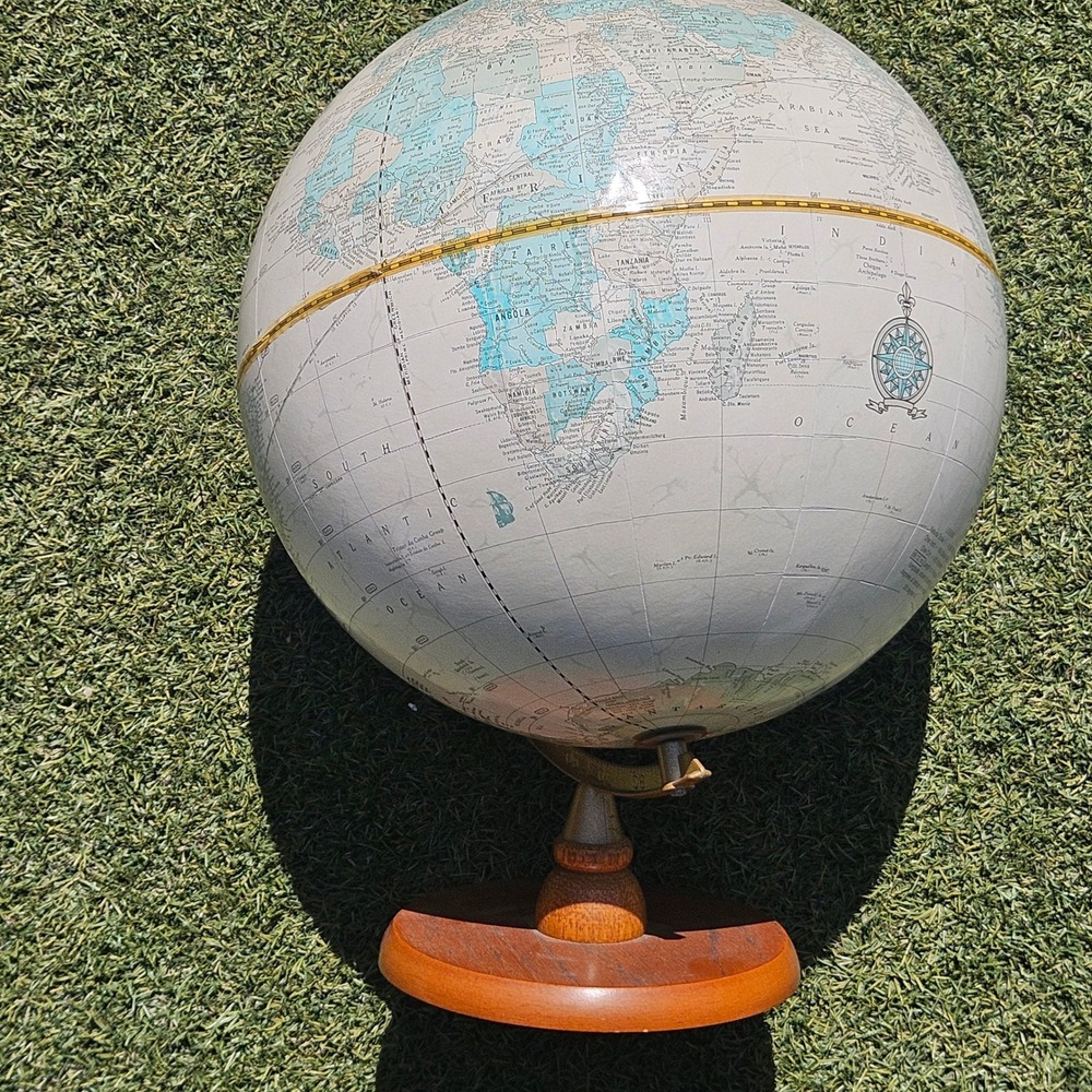 Crams Imperial World Globe Vintage Cream Map Wood Base Brass Meridian USA - Picture 5 of 8